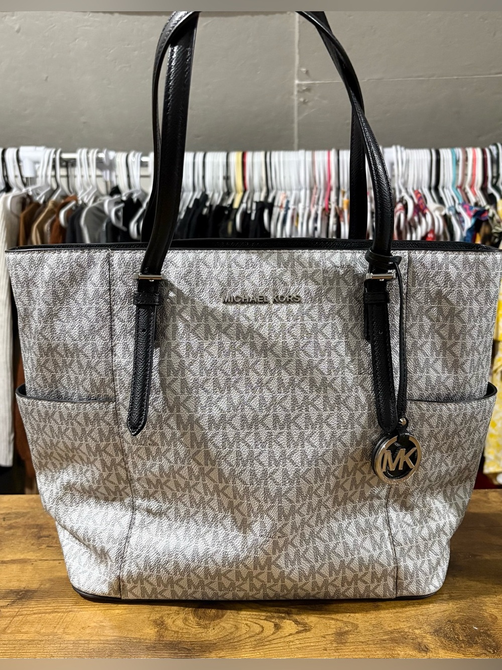 MICHAEL Michael Kors Silver and Black MK Monogram Tote Purse